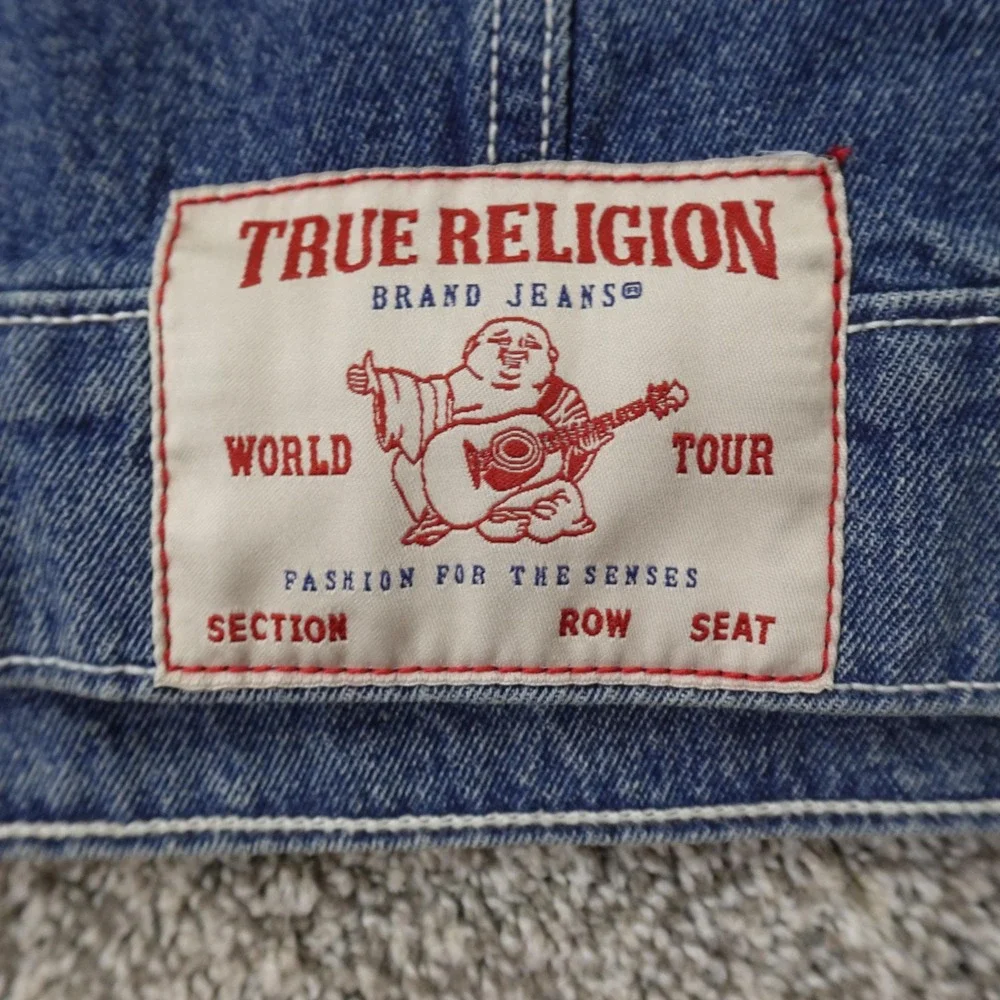 NEW True Religion Jacket Mens L Blue Denim Jean Trucker Coat Varsity Patch Y2K‎